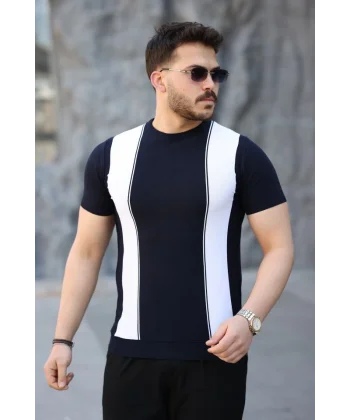 Erkek Viskon Kumaş Bisiklet Yaka çizgi Desenli Tişört