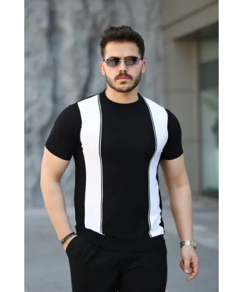 Erkek Viskon Kumaş Bisiklet Yaka çizgi Desenli Tişört