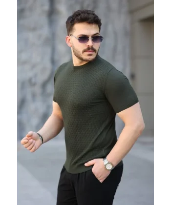 Erkek Viskon Kumaş Bisiklet Yaka Desenli Tişört