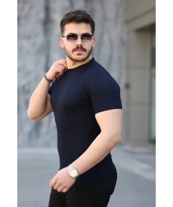 Erkek Viskon Kumaş Bisiklet Yaka Desenli Tişört