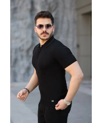 Erkek Viskon Kumaş Polo Yaka Desenli Tişört