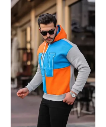 Erkek W Nakış İşlemeli Kapüşonlu Sweatshirt - Mavi