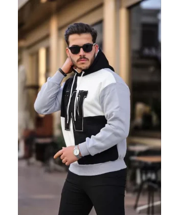 Erkek W Nakış İşlemeli Kapüşonlu Sweatshirt - Siyah