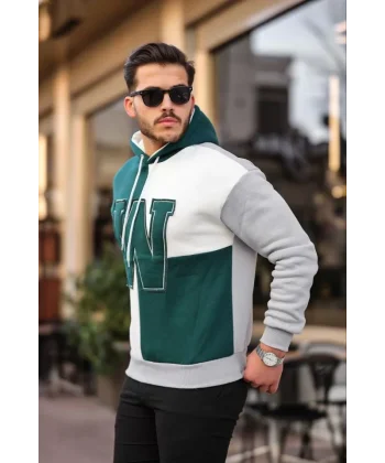 Erkek W Nakış İşlemeli Kapüşonlu Sweatshirt - Yeşil
