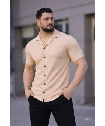 Erkek Waffle Kumaş Kısa Kollu Düğmeli Açık Yaka Regular Fit Gömlek - Bej