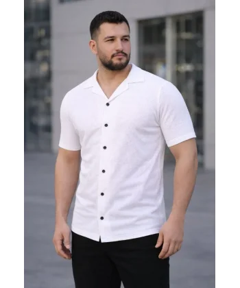 Erkek Waffle Kumaş Kısa Kollu Düğmeli Açık Yaka Regular Fit Gömlek - Beyaz