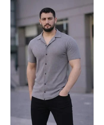 Erkek Waffle Kumaş Kısa Kollu Düğmeli Açık Yaka Regular Fit Gömlek - Gri
