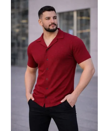 Erkek Waffle Kumaş Kısa Kollu Düğmeli Açık Yaka Regular Fit Gömlek - Kırmızı