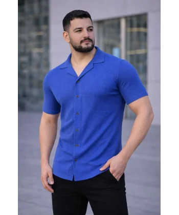 Erkek Waffle Kumaş Kısa Kollu Düğmeli Açık Yaka Regular Fit Gömlek - Saks Mavisi
