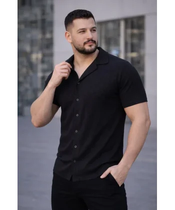 Erkek Waffle Kumaş Kısa Kollu Düğmeli Açık Yaka Regular Fit Gömlek - Siyah