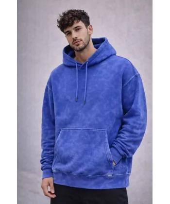 Erkek Yağ Yıkamalı Kapşonlu Double Oversize Üç İplik Pamuklu Sweatshirt - Mavi