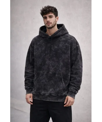 Erkek Yağ Yıkamalı Kapşonlu Double Oversize Üç İplik Pamuklu Sweatshirt - Siyah
