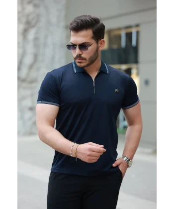 Erkek Yaka Ve Kolları çizgi Detaylı Fermuar Yakalı Kısa Kollu Tişört