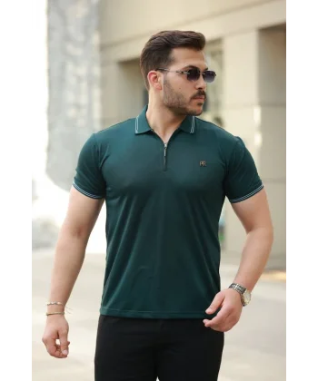 Erkek Yaka Ve Kolları çizgi Detaylı Fermuar Yakalı Kısa Kollu Tişört