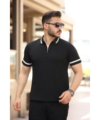 Erkek Yaka Ve Kolları çizgi Detaylı Fermuarlı Kısa Kollu T-shirt