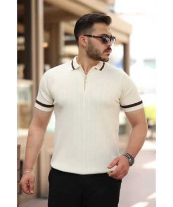 Erkek Yaka Ve Kolları çizgi Detaylı Fermuarlı Kısa Kollu T-shirt