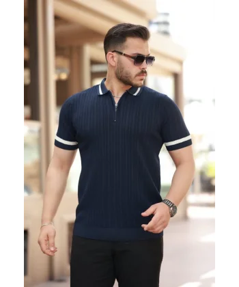 Erkek Yaka Ve Kolları çizgi Detaylı Fermuarlı Kısa Kollu T-shirt