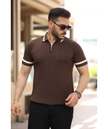 Erkek Yaka Ve Kolları çizgi Detaylı Fermuarlı Kısa Kollu T-shirt