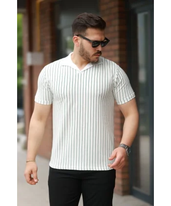 Erkek Yakalı çizgi Desenli Kısa Kollu Tişört