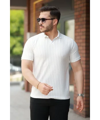 Erkek Yakalı çizgi Desenli Kısa Kollu Tişört