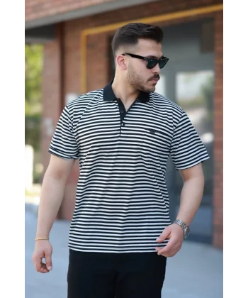 Erkek Yakalı çizgili Kısa Kollu T-shirt
