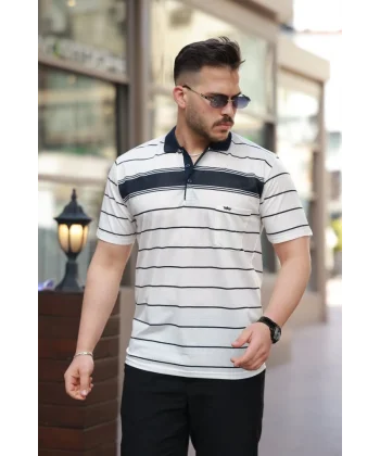 Erkek Yakalı çizgili Kısa Kollu T-shirt
