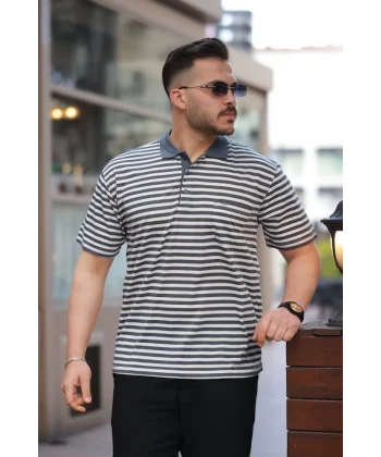 Erkek Yakalı çizgili Kısa Kollu T-shirt