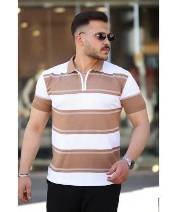 Erkek Yakalı Fermuarlı çift Renk Kısa Kollu T-shirt