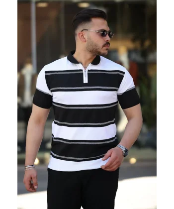 Erkek Yakalı Fermuarlı çift Renk Kısa Kollu T-shirt