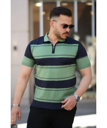 Erkek Yakalı Fermuarlı çift Renk Kısa Kollu T-shirt