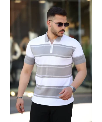 Erkek Yakalı Fermuarlı çift Renk Kısa Kollu T-shirt