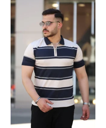 Erkek Yakalı Fermuarlı çift Renk Kısa Kollu T-shirt