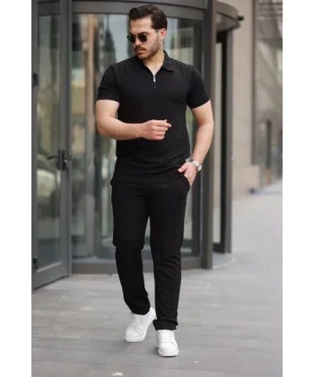 Erkek Yakalı Fermuarlı T-shirt Pantolon Ikili Rahat Takım