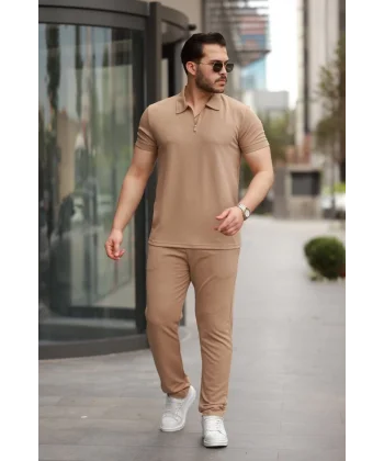 Erkek Yakalı Fermuarlı T-shirt Pantolon Ikili Rahat Takım