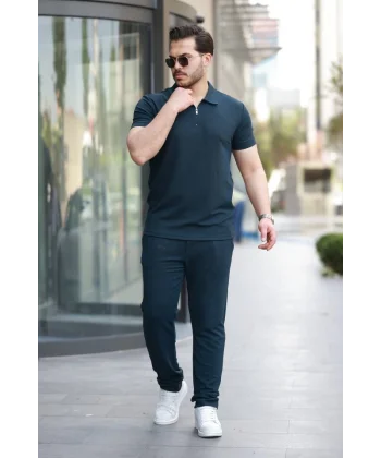 Erkek Yakalı Fermuarlı T-shirt Pantolon Ikili Rahat Takım
