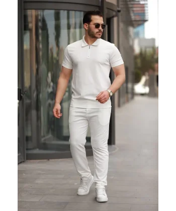 Erkek Yakalı Fermuarlı T-shirt Pantolon Ikili Rahat Takım
