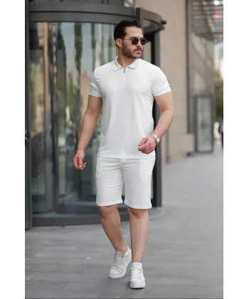 Erkek Yakalı Fermuarlı T-shirt şort Ikili Takım