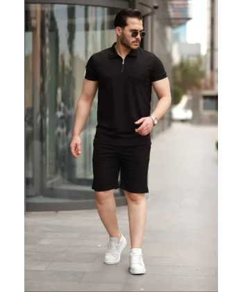 Erkek Yakalı Fermuarlı T-shirt şort Ikili Takım