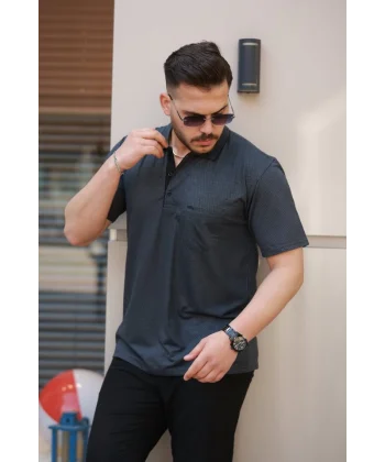 Erkek Yakalı Mini Jakarlı Kısa Kollu T-shirt
