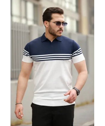 Erkek Yakalı Parça Renk Kısa Kollu T-shirt