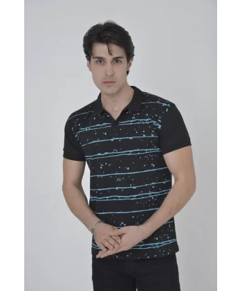Erkek Yakalı Slim Fit Pike Çizgili T-Shirt - Siyah