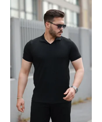 Erkek Yakalı Waffle Dokulu Kısa Kollu Tişört