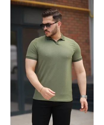 Erkek Yakalı Waffle Dokulu Kısa Kollu Tişört