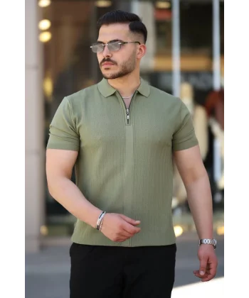 Erkek Yakası Fermuarlı Kısa Kollu T-shirt