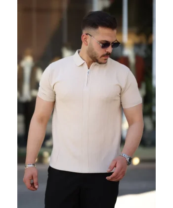 Erkek Yakası Fermuarlı Kısa Kollu T-shirt