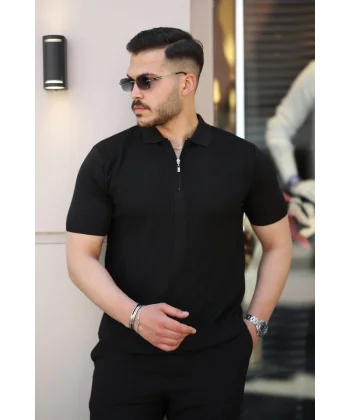 Erkek Yakası Fermuarlı Kısa Kollu T-shirt