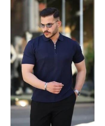 Erkek Yakası Fermuarlı Kısa Kollu T-shirt