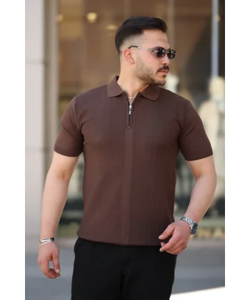 Erkek Yakası Fermuarlı Kısa Kollu T-shirt