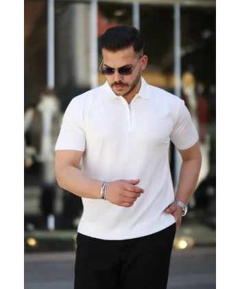 Erkek Yakası Fermuarlı Kısa Kollu T-shirt