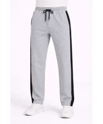 Erkek Yandan Şeritli Boru Paça Eşofman Altı 3 Iplik Pamuklu Eşofman - Gri